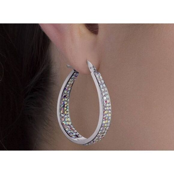 Gorgeous Oval Aurora Borealis Swarovski Crystal Inside Out Hoop Earrings - Picture 4 of 6